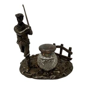 PT & Co Sheffield Inkwell Silver Plate Golfer Figure Crystal Glass Desk Petre
